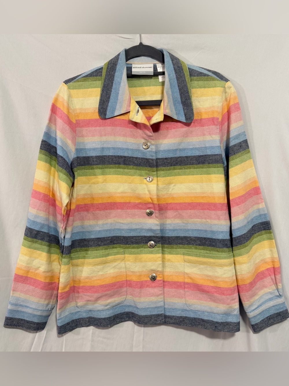 Vintage Linen Cotton Alfred Dunner Shirt Jacket Size 6P Pastel Rainbow Stripes